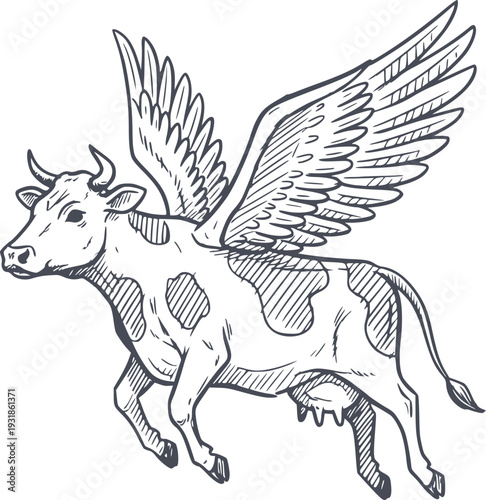 hand drawn illustration of a flying cow with wings in dark navy blue fill with no white fills included for easy overlay and transparency