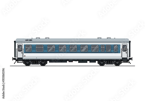 Silver Passenger Train Carriage with Blue Windows.