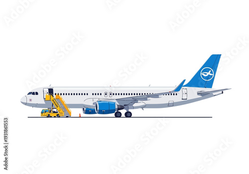 Commercial Airplane on Ground with Service Vehicles.