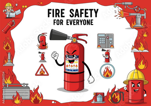 Cartoon Fire Extinguisher Character with Safety Symbols.