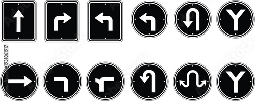 Black and White Traffic Road Sign Icon Set Directional Arrow Symbols Regulatory Street Vector Collection