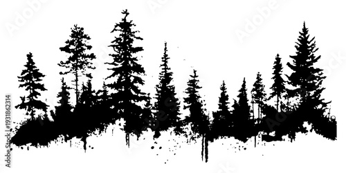 Pine forest landscape silhouette with distressed grunge ink textures and drips