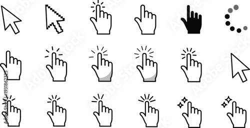 Hand Cursor Click Icon Set Collection Pointer Tap Gesture Symbols Outline and Solid Vector Illustration