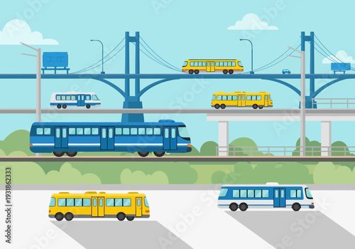 Blue and Yellow Trains and Buses Illustration.