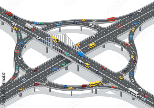 Multi Level Highway Interchange with Vehicles.