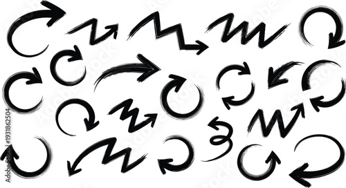 Hand Drawn Brush Stroke Arrow Set with Circular Zigzag and Directional Sketch Arrows Vector Collection