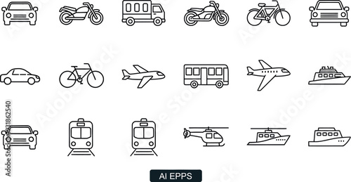Collection of minimalist outline icons representing various modes of transportation and vehicles