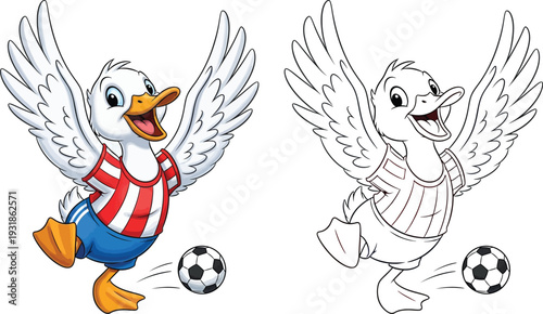 Enthusiastic Cartoon Duck Playing Soccer with Open Wings Coloring Page