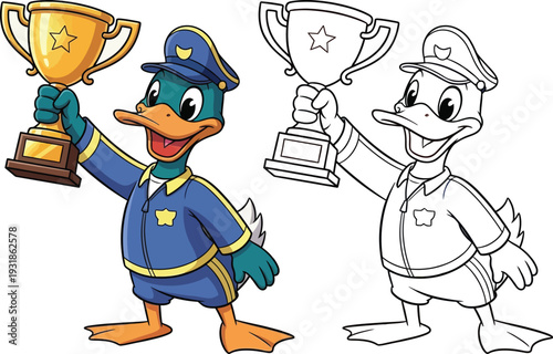 Canvas Print Cheerful Cartoon Duck in Police Uniform Holding Trophy Coloring Page