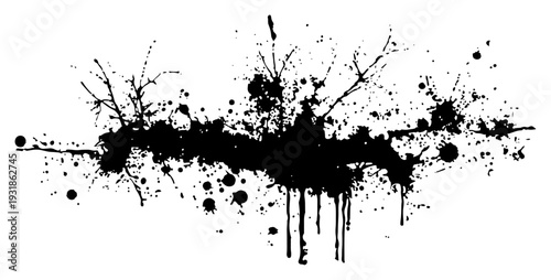 Artistic black ink splatter with long drips and thin branches in grunge style