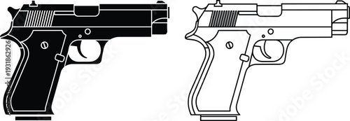 Black and white semi automatic pistol vector illustration isolated on gray background, detailed handgun silhouette design concept realistic firearm graphic