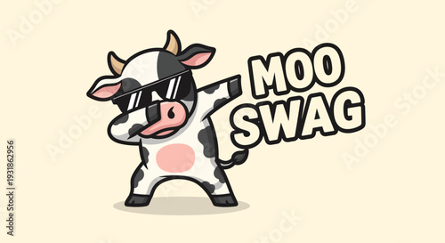 Cartoon Cow Character with Moo Swag Text.