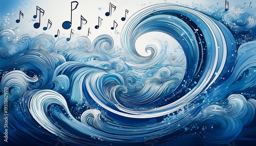abstract swirling ocean wave with musical notes flowing through the air creating a dynamic and harmonious atmosphere in shades of blue and white
