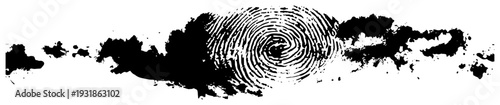 Abstract horizontal grunge border featuring a central fingerprint symbol with black ink splatters