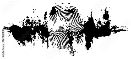 Expressive ink splatter composition with thumbprint details in a distressed black and white grunge style