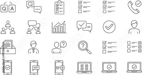 Professional Customer Service And FAQ Line Icon Set Featuring Speech Bubbles Checklists Survey Forms And Technical Support For Business Communication Graphic Design