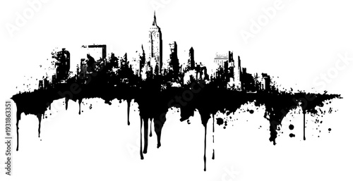 Grunge city skyline silhouette with messy ink drips and splatters in artistic urban style
