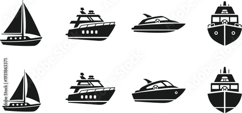 Boat and yacht silhouette collection with sailboat, motorboat and luxury cruiser isolated vector illustration set