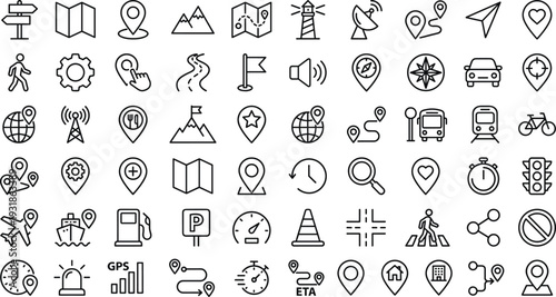 Navigation and Map Line Icon Set with GPS Location Travel Transport and Direction Outline Vector Collection