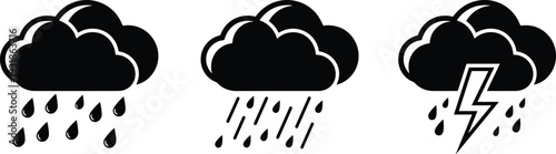 Rain and Thunderstorm Cloud Icon Set Black Weather Symbols Storm Lightning Vector Illustration