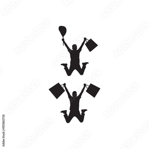 Two joyful black silhouettes of people jumping with shopping bags and a balloon Keywords