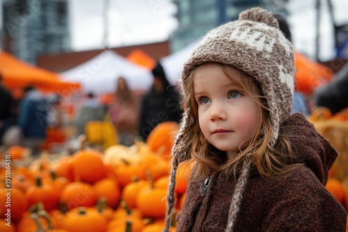 Adorable Young Child in Beanie Hat at a Vibrant Pumpkin Patch.