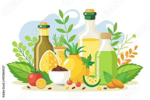 A colorful vector illustration of various bottles of oil and healthy food ingredients, surrounded by green leaves and fruits.