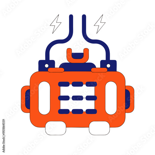 A cartoon image of an orange and blue defibrillator