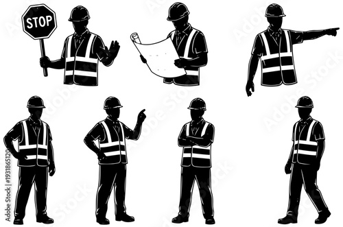 Construction workers in safety gear directing traffic and working