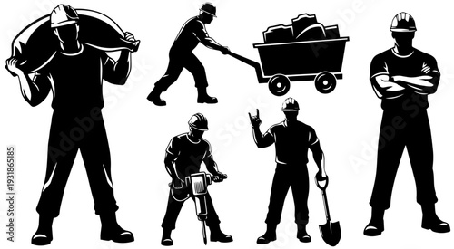 Construction workers in various tasks and poses with tools