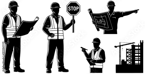 Construction workers in safety gear directing traffic and working on site