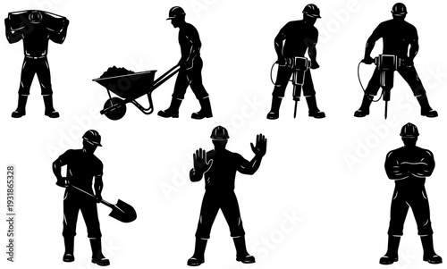 Construction workers in various poses with tools and equipment