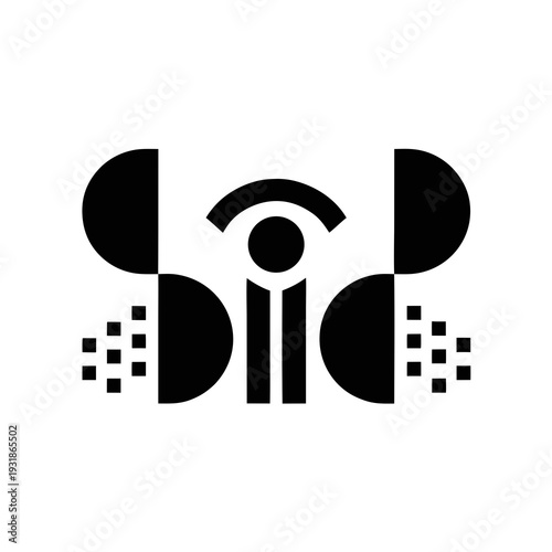 A black and white logo with a person in the middle