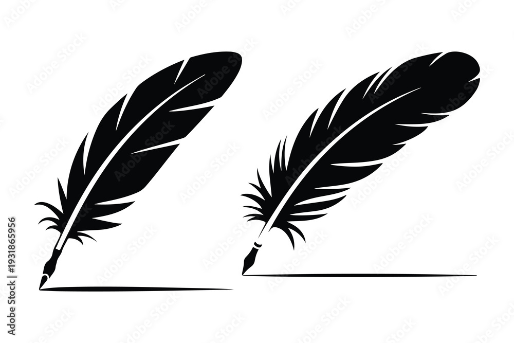 Fototapeta premium Black feather quill silhouettes on white background