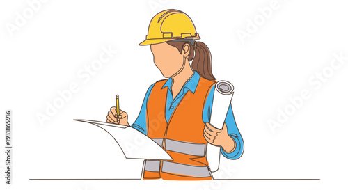 Line drawing of a female construction worker reviewing blueprints