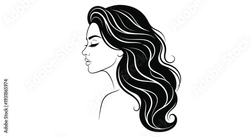 Elegant woman s profile with long flowing wavy black hair depicted in monochrome