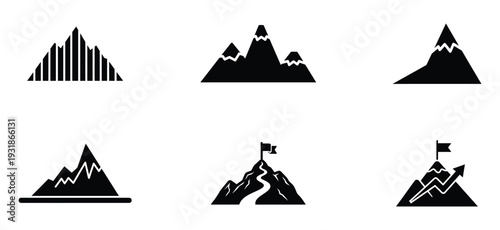 Mountain Goal Achievement and Success Journey Icon Set with Growth Chart, Peak Target, Leadership Vision and Business Progress Silhouette Vector Collection