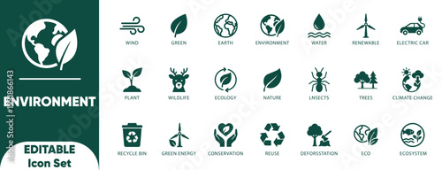 Environment Solid icon set. plant, nature, eco, earth, green energy, trees, ecology, and Solid vector.

