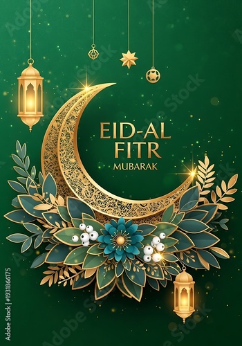 Wallpaper Mural Golden crescent moon with floral embellishments and Eid al Fitr greeting mubarak Torontodigital.ca
