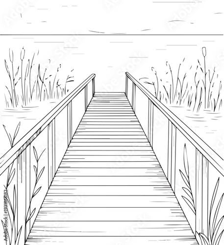 Wooden Pier Over Calm Lake with Reeds: Peaceful Waterfront Landscape Vector, engraving Boardwalk Line Art: Black and White Nature Scene for Coloring