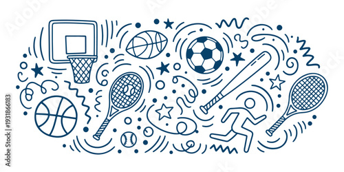 Hand drawn sports doodle illustration with basketball soccer tennis and baseball elements in line art