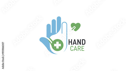 Hand Care Logo with Heart and Medical Cross, Health and Hygiene Concept