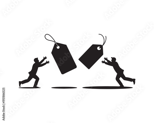 Two Men Reaching for Falling Price Tags Silhouette