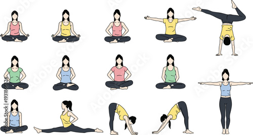 Woman practicing yoga poses set, healthy lifestyle stretching exercises collection isolated on white background vector illustration