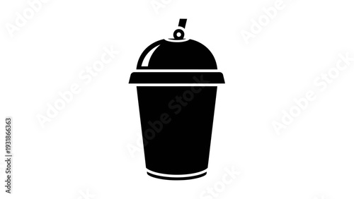 Black silhouette of a disposable cup with lid and straw, isolated on white background.