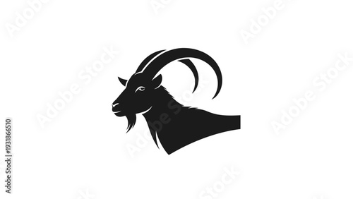 Black Silhouette of a Goat's Head with Curved Horns on White Background