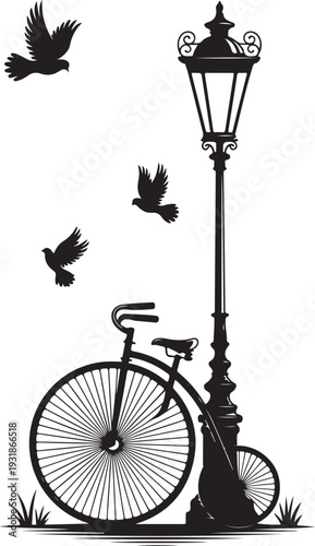 Gemini said
Vintage Penny Farthing Bicycle and Street Lamp Silhouette: Classic Victorian Era Vector, Retro High Wheeler Bike with Birds and Lamp Post: Antique Transportation Illustration
