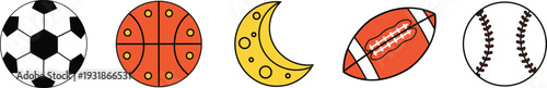 Soccer basketball moon rugby and baseball icon set in flat style