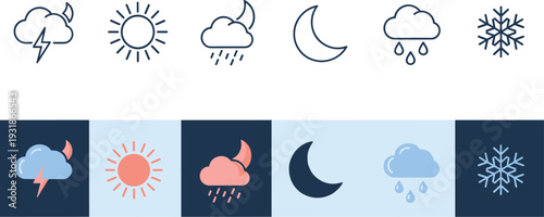Weather Icon Set Outline and Flat Style Sun Cloud Rain Snow Moon Vector Collection