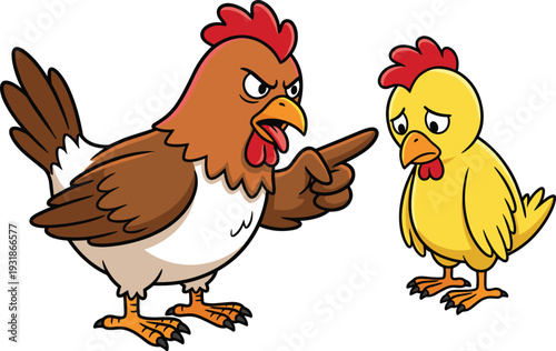 Angry mother hen scolding a sad little yellow chick, cartoon illustration about discipline, parenting, or frustration, isolated vector.